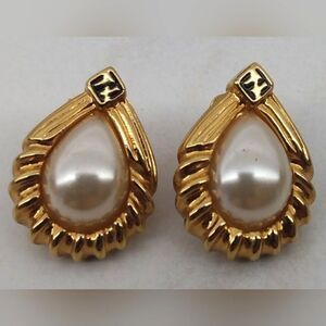 Fendi Pearl Gold Tone Vintage Pierced Earrings